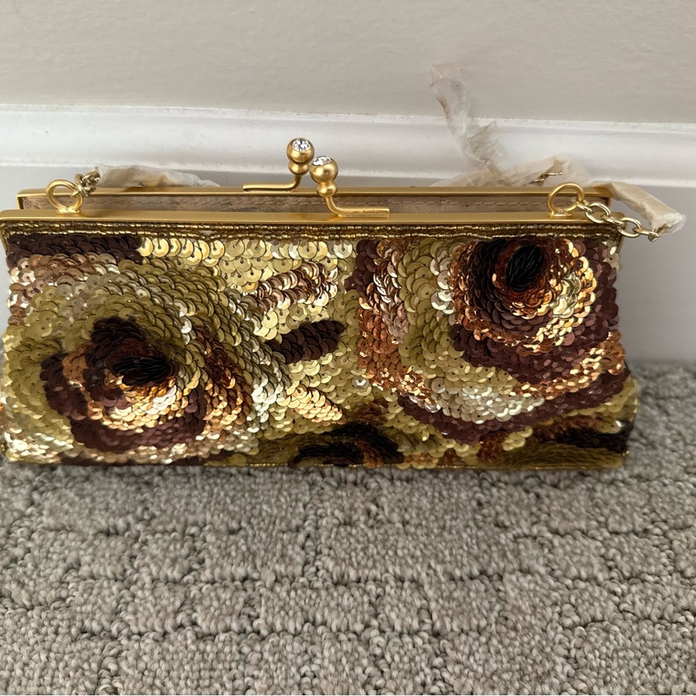 Carolee Gold and Brown Floral Sequin Clutch